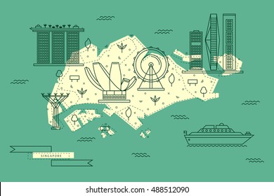 Singapore map in flat line design with top city attractions. Travel vector illustration and concept for infographic, banner, tourist guide