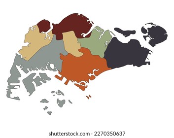 Singapore map great detail with six regions. multicolor. vector