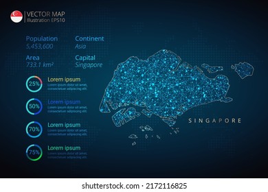 Mapa de Singapur infografía plantilla vectorial con concepto de malla geométrica abstracta de luz poligonal sobre fondo azul. Plantilla para diagrama, gráfico, presentación y gráfico.