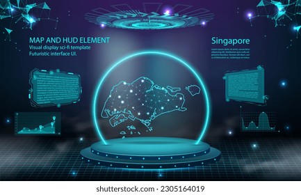 singapore map light connecting effect background. abstract digital technology UI, GUI, futuristic HUD Virtual Interface with singapore map. Stage futuristic podium in fog.