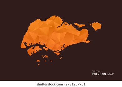 Mapa de Singapur - bajo Vector de polígono polivinílico, silueta triangulada geométrica en tonos naranja y marrón oscuro, estilo infográfico moderno limpio, fondo aislado.