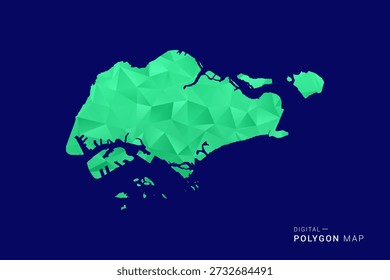 Mapa de Singapura - vetor de polígono baixo poli, silhueta geométrica triangulada em tons verdes e azuis, estilo moderno limpo, fundo isolado para uso infográfico.