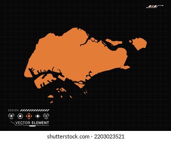 Singapore map of orange digital frame HUD, GUI, UI interface technology radar vector.