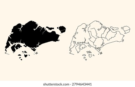 singapore map outline icon set with silhouette and landmass shapes for travel design