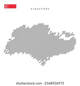 Singapore map from pattern of black slanted parallel lines. Singaporean map with gray diagonal lines. Silhouette of a country made of oblique hatching. Vector illustration isolated on white.