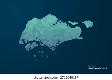 Mapa de Singapur - Ilustración vectorial de estilo polígono con degradado azul azulado, diseño geométrico de bajo poli, inspirado en la Tecnología y digital, silueta limpia sobre fondo oscuro.