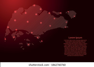 Mapa de Singapur desde el patrón rojo inclinado líneas paralelas y brillante rejilla de estrellas espaciales. Ilustración vectorial.