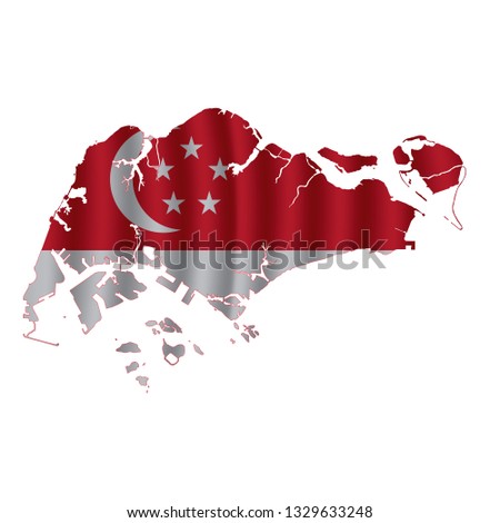 Singapore map with rippled flag on white illustration. Waving Fabric Flag Map of Singapore. Map of Asia. Vector White Background. Vector illustration eps10.