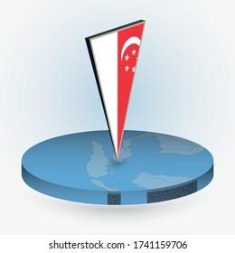 Singapore map in round isometric style with triangular 3D flag of Singapore, vector map in blue color. 