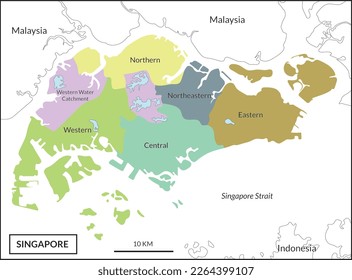 Singapore map with six regions in details. 