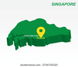 Singapore Map Vector, Downtown Core Capital City Marker on Green 3D Country Shape, Singapore Infographic Design, Editable Destination Pointer Singapore Geography