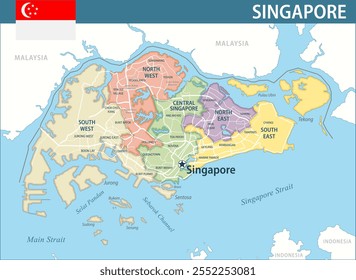 Singapore Map Vector New 2024 Colorful - Customizable layered political map of Singapore with administrative divisions for website, education, reports, news, politics, print, poster and wallpaper