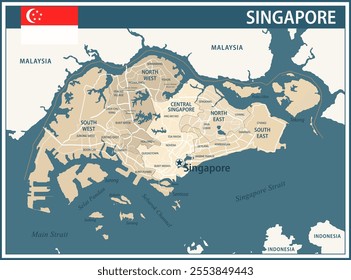 Singapore Map Vector Vintage Dark Blue Beige - Customizable layered political map of Singapore with administrative divisions for website, education, reports, news, politics, print, poster and wallpape