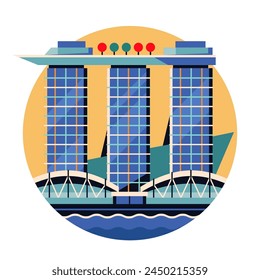 Singapore Marina Bay Sands inspired circle icon or emblem in flat geometric style. Asian modern architectural landmark and famous symbol.