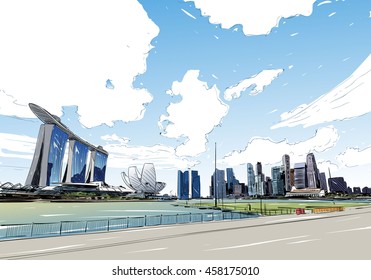 Singapura. Marina Bay Sands. Perspectiva incomum desenhado esboço à mão. Ilustração vetorial da cidade