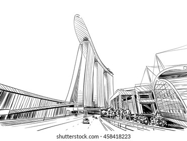 Singapur. Marina Bay Sands. Esbozo dibujado a mano con perspectiva inusual. Ilustración del vector de ciudad