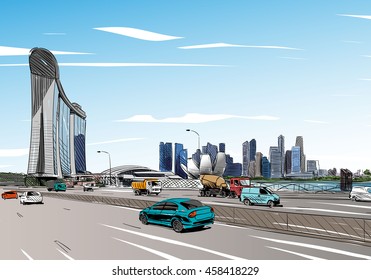 Singapore. Marina Bay Sands. Unusual perspective hand drawn sketch. City vector illustration