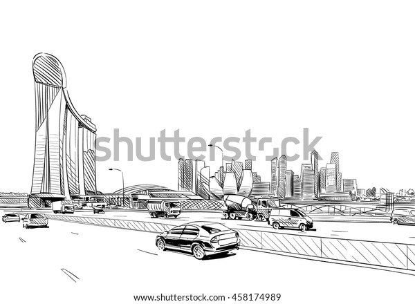 Singapore. Marina Bay Sands. Unusual\
perspective hand drawn sketch. City vector\
illustration