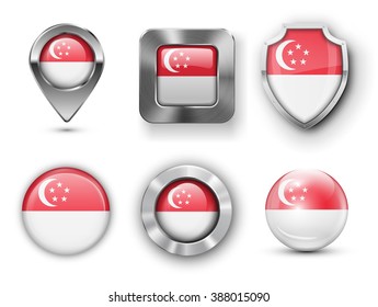 Singapore Metal And Glass Flag Badges, Buttons, Map Marker Pin And Shields. Vector Illustrations