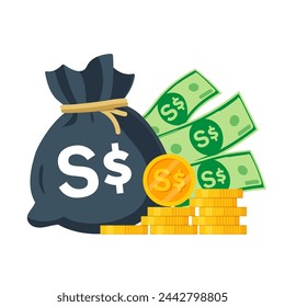 Singapore Money Vector illustration. Singapore dollar bag, banknotes and coins. Each object isolated.