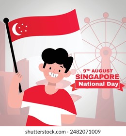 Singapore National Day 9th August Vector with Character Holding Flag