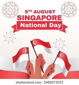 Singapore National Day 9th August Vector with Hand Holding Multiple Flags