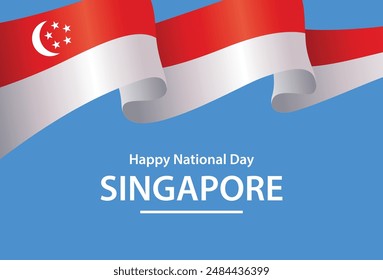 Singapore National Day Banner with Blue Background and Flag Ribbon