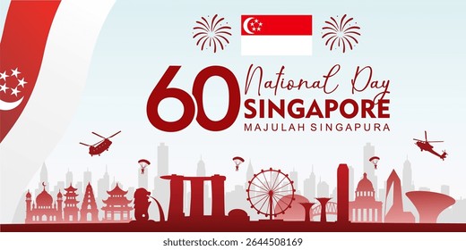 Banner do Dia Nacional de Singapura com Iconic Building incluindo Marina Bay Sands, o Merlion e o Singapore Flyer. slogan oficial - Majulah Singapura - adequado para banner, cartaz, cartão de saudação.