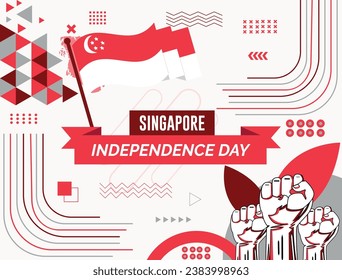 Singapore national day banner with map, flag colors theme background and geometric abstract retro modern colorfull design with raised hands or fists.