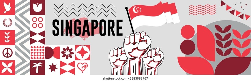 Singapore national day banner with map, flag colors theme background and geometric abstract retro modern colorfull design with raised hands or fists.