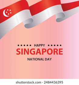 Singapore National Day Banner with Pink Gradient Background and Flag Ribbon
