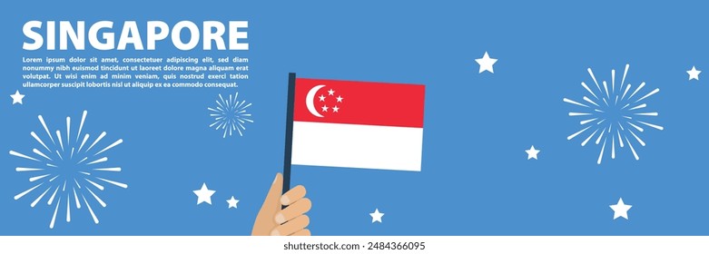 Singapore National Day Celebration Banner with Hand Holding Flag and Fireworks