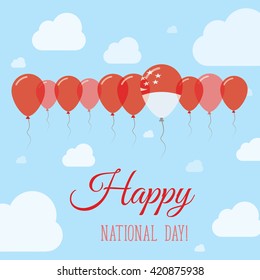 Singapore National Day Flat Patriotic Poster. Row of Balloons in Colors of the Singaporean flag. Happy National Day Singapore Card with Flags, Balloons, Clouds and Sky.