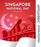 Singapore National Day Poster Design with Iconic Building in Singapore. Singapore Independence Day Vector Illustration