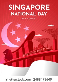 Diseño de afiches del Día Nacional de Singapur con edificio icónico en Singapur. Ilustración vectorial del Día de la Independencia de Singapur