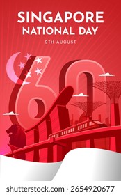 Singapore National Day Poster Design with Iconic Building in Singapore. Singapore Independence Day Vector Illustration