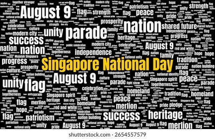 Singapore National Day Word Cloud Featuring Keywords About Patriotism, Independence, Celebration, and National Pride. Ideal design for social media, cover, banner, flyer, ads.