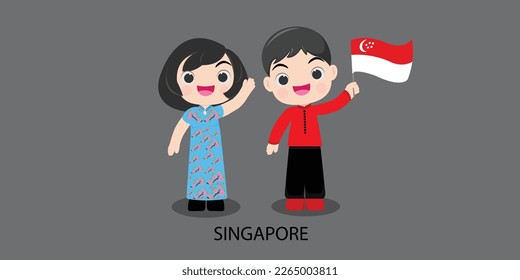 singapore in national dress. Man and woman in traditional costume. Travel  People. Vector flat illustration.