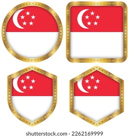 Singapore National Flag Collection Set of Circular, Square, Shield, Hexagon Gold Border Logo Button Icon Vector Design Isolated on White Background