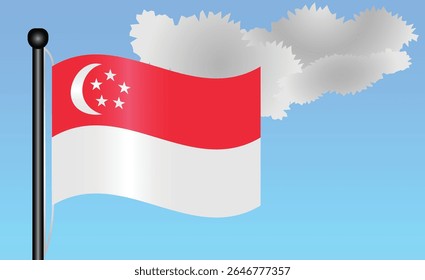 Singapore national flag waving against a bright blue sky. representing national pride, unity, and heritage in Asia with its vibrant colors and iconic design. Patriotic symbol of identity or pride