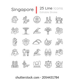 Singapur National Symbole Lineare Symbole Set. Touristenattraktionen. Leben in Singapur. Flora und Fauna. Anpassbare Dünnlinienkontursymbole. Einzige Vektorgrafik-Rahmenillustrationen. Bearbeitbarer Hub