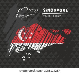Singapore national vector map with sketch chalk flag. Sketch chalk hand drawn illustration