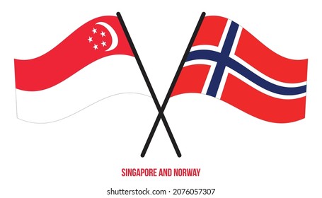 Singapore and Norway Flags Crossed And Waving Flat Style. Official Proportion. Correct Colors.