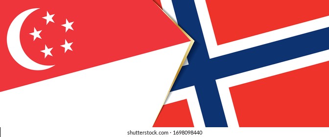Die Flaggen Singapurs und Norwegens, zwei Vektorillustrationen Flaggen Symbol für Beziehung oder Konfrontation.