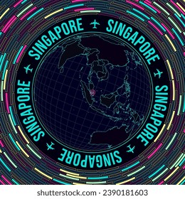 Singapore on globe. Satelite view of the world centered to Singapore. Bright neon style. Futuristic radial bricks background. Attractive vector illustration.