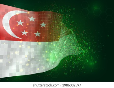 Singapore, on vector 3d flag on green background with polygons and data numbers