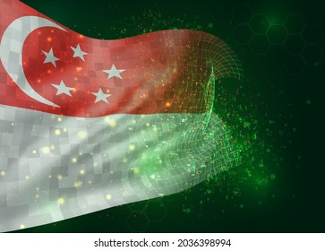Singapore, on vector 3d flag on green background with polygons and data numbers