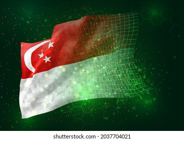 Singapore, on vector 3d flag on green background with polygons and data numbers