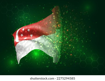 Singapur, sobre la bandera del vector 3d sobre el fondo verde con polígonos y números de datos