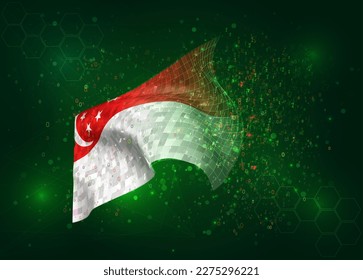 Singapur, sobre la bandera del vector 3d sobre el fondo verde con polígonos y números de datos